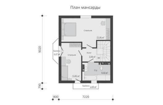 Одноэтажный дом с мансардой, террасой и балконами